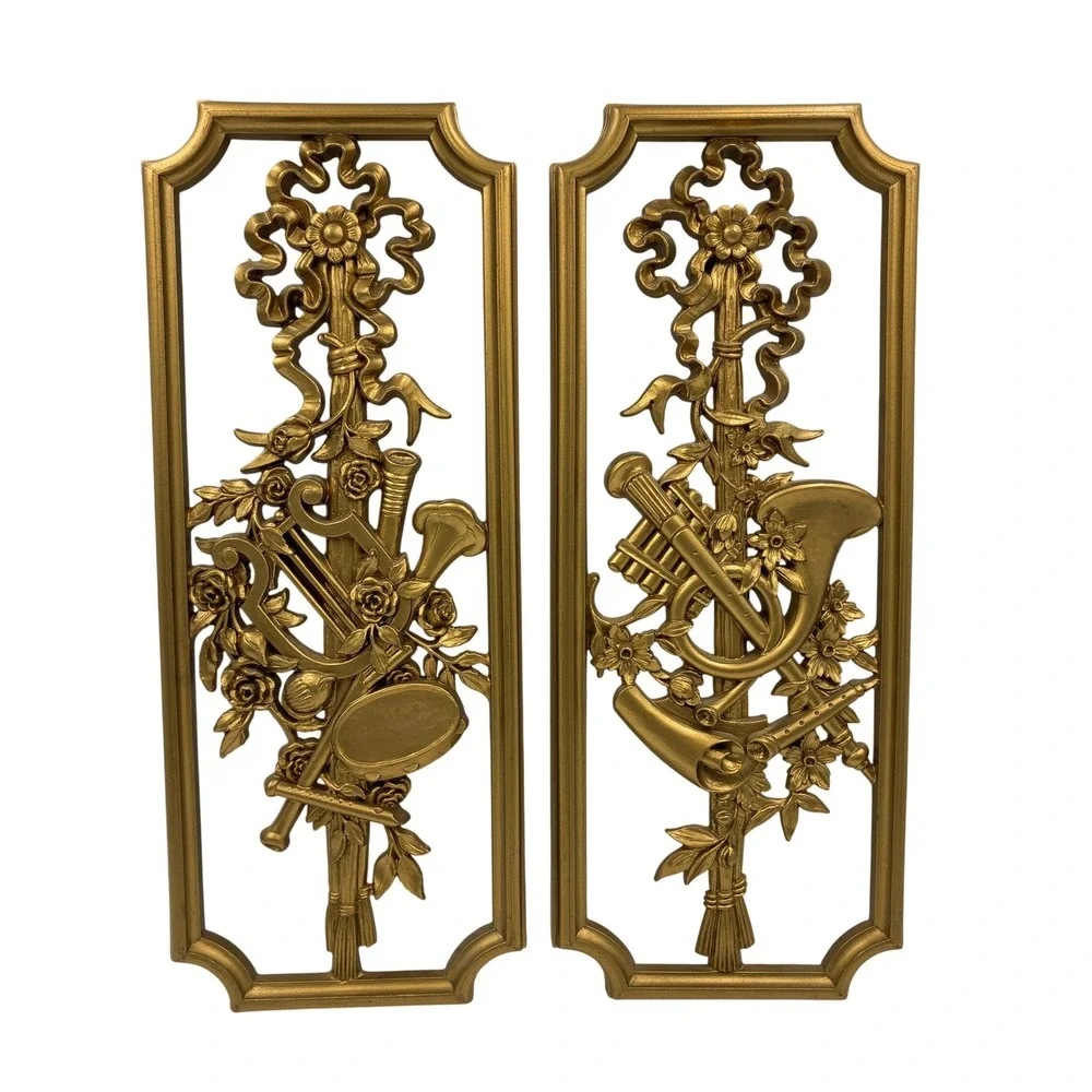 Vtg 1964 Burwood Products Gold‎ Musical Wall Plaques Pair USA MCM Plastic 14x5.5